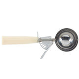 A stainless steel disher with a round bowl, mechanical release lever, and a light cream-colored handle is shown against a white background. This size 10 disher is positioned with the handle on the left and bowl on the right.