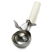 A stainless steel disher with a round bowl and white plastic handle, featuring a built-in lever for easy release. The size 10 disher has visible gears inside the bowl, making it perfect for smooth ice cream scooping.