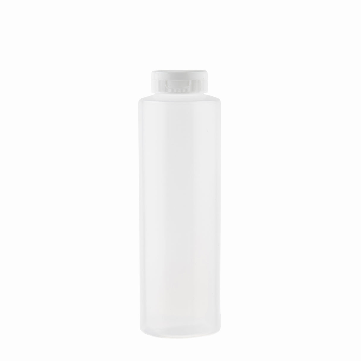 A clear, empty polyethylene squeeze bottle with a white screw-on cap is centered against a plain white background. The tall, cylindrical bottle with smooth sides is commonly used for condiments or liquid storage and is dishwasher safe.