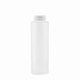 A clear, empty polyethylene squeeze bottle with a white screw-on cap is centered against a plain white background. The tall, cylindrical bottle with smooth sides is commonly used for condiments or liquid storage and is dishwasher safe.