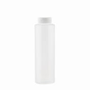 A clear, empty polyethylene squeeze bottle with a white screw-on cap is centered against a plain white background. The tall, cylindrical bottle with smooth sides is commonly used for condiments or liquid storage and is dishwasher safe.