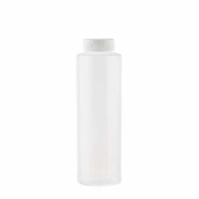 A clear, empty polyethylene squeeze bottle with a white screw-on cap is centered against a plain white background. The tall, cylindrical bottle with smooth sides is commonly used for condiments or liquid storage and is dishwasher safe.