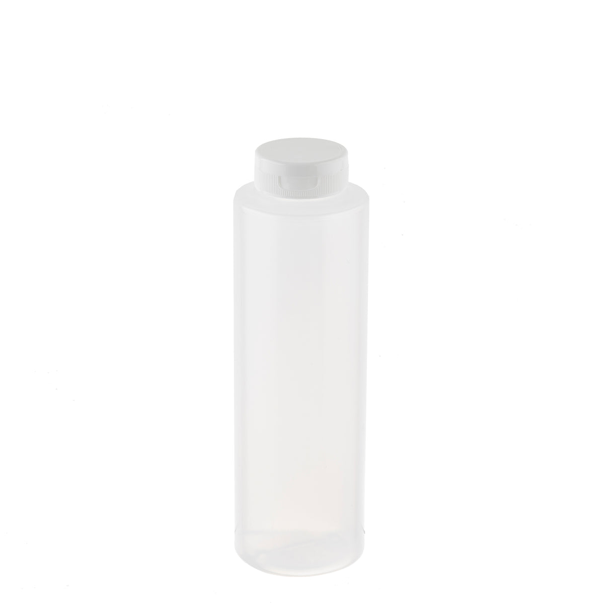 A tall, cylindrical, translucent polyethylene squeeze bottle with a white screw-on cap stands upright against a plain white background. The empty, dishwasher safe bottle has smooth sides with no labels or markings.