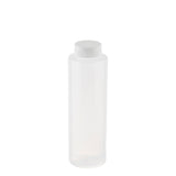 A tall, cylindrical, translucent polyethylene squeeze bottle with a white screw-on cap stands upright against a plain white background. The empty, dishwasher safe bottle has smooth sides with no labels or markings.