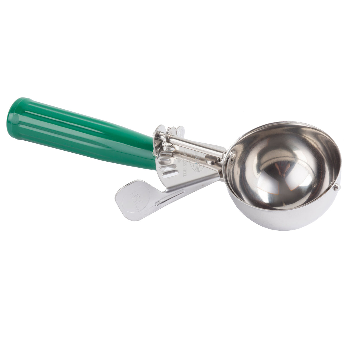 A stainless steel disher with a shiny, round bowl and a green plastic handle. This scoop features a trigger mechanism for easy release, with a metal lever extending from the handle inside the bowl—perfect as an NSF disher for kitchen use.