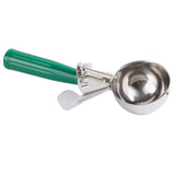 A stainless steel disher with a shiny, round bowl and a green plastic handle. This scoop features a trigger mechanism for easy release, with a metal lever extending from the handle inside the bowl—perfect as an NSF disher for kitchen use.