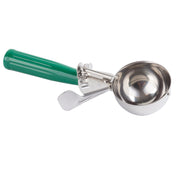A stainless steel disher with a shiny, round bowl and a green plastic handle. This scoop features a trigger mechanism for easy release, with a metal lever extending from the handle inside the bowl—perfect as an NSF disher for kitchen use.