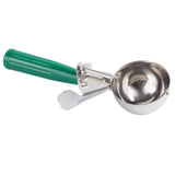 A TableCraft stainless steel ice cream scoop with a shiny round bowl and a green plastic handle. The handle features a metal lever for easy release. The scoop is angled diagonally, with the handle pointing left.