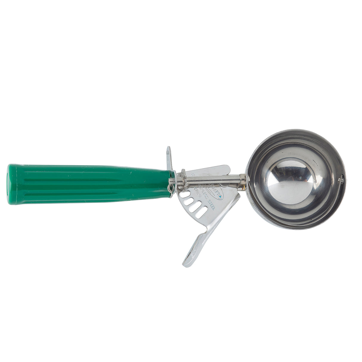A stainless steel disher with a round bowl and a green plastic handle featuring a trigger release mechanism. This NSF disher is positioned horizontally against a white background, ideal for precise ice cream serving.