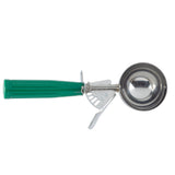 A stainless steel disher with a round bowl and a green plastic handle featuring a trigger release mechanism. This NSF disher is positioned horizontally against a white background, ideal for precise ice cream serving.