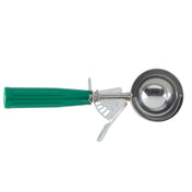 A TableCraft metal ice cream scoop with a round stainless steel bowl and a bright green plastic handle. The handle features a trigger mechanism for easy release, oriented horizontally with the bowl on the right and handle on the left.