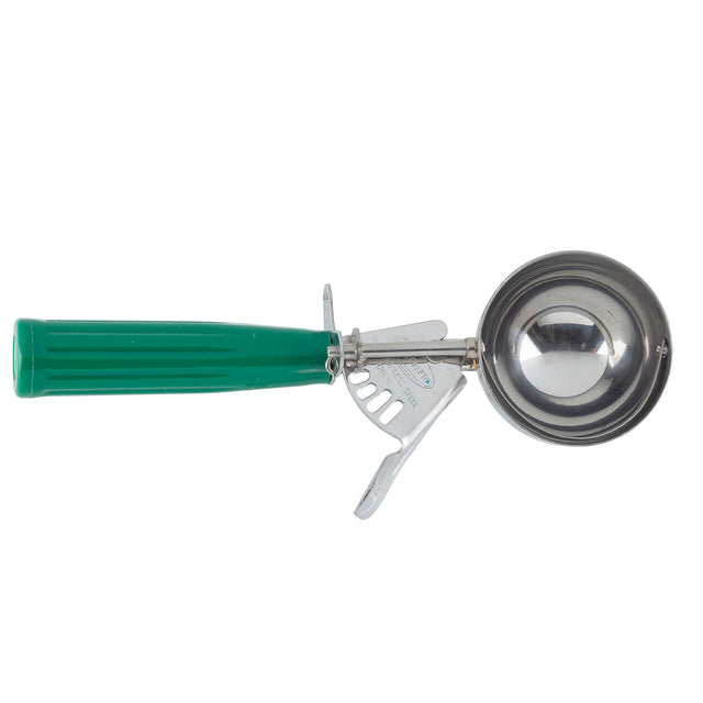 A TableCraft metal ice cream scoop with a round stainless steel bowl and a bright green plastic handle. The handle features a trigger mechanism for easy release, oriented horizontally with the bowl on the right and handle on the left.