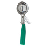 A stainless steel disher with a shiny, round bowl and a bright green handle. The scoop features a trigger mechanism for easy release of ice cream, making it a practical cash & carry disher. Shown against a plain white background.