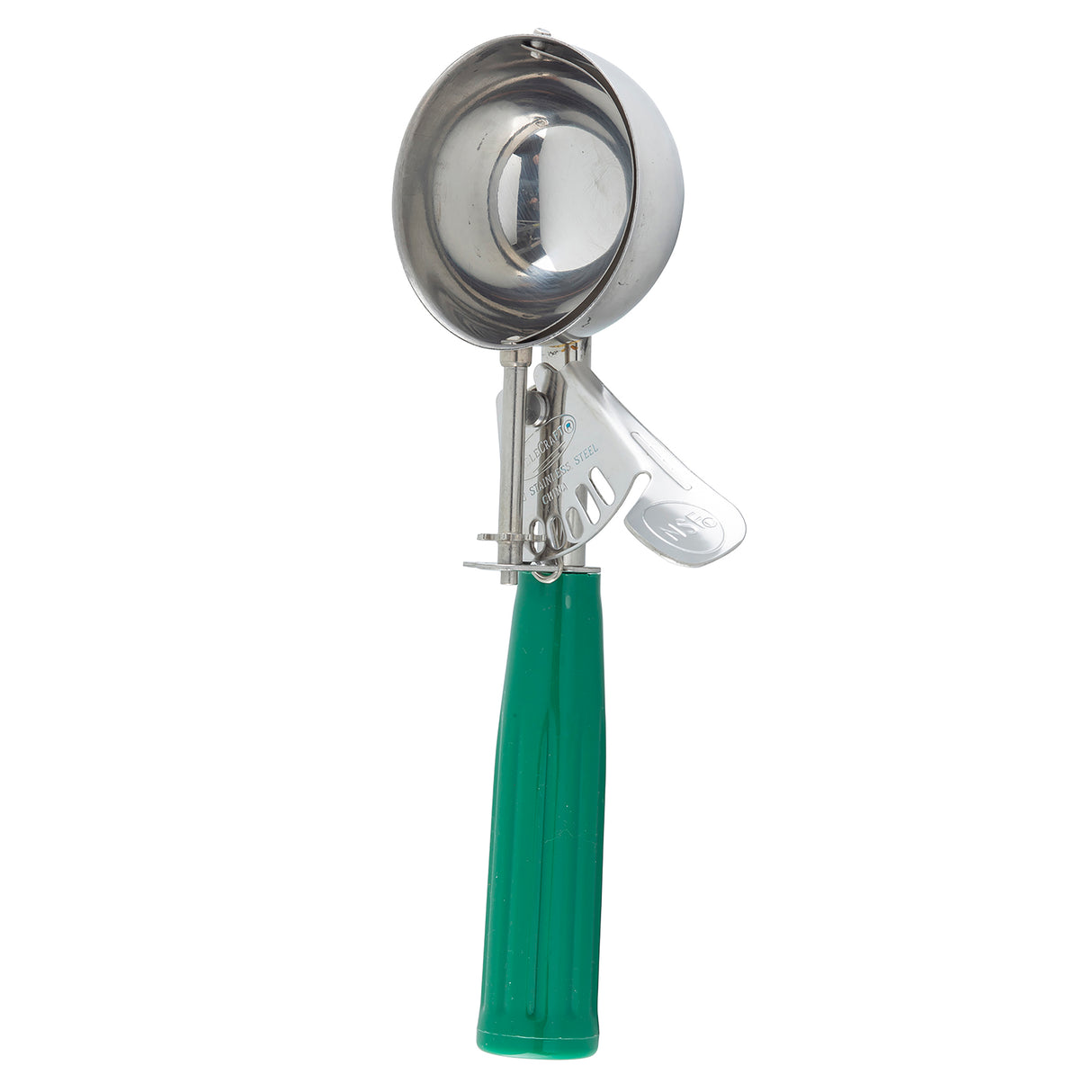 A stainless steel ice cream scoop with a shiny, round bowl and spring-loaded mechanism. The green, textured handle ensures a secure grip. The scoop is shown vertically, bowl facing up, against a plain white background.