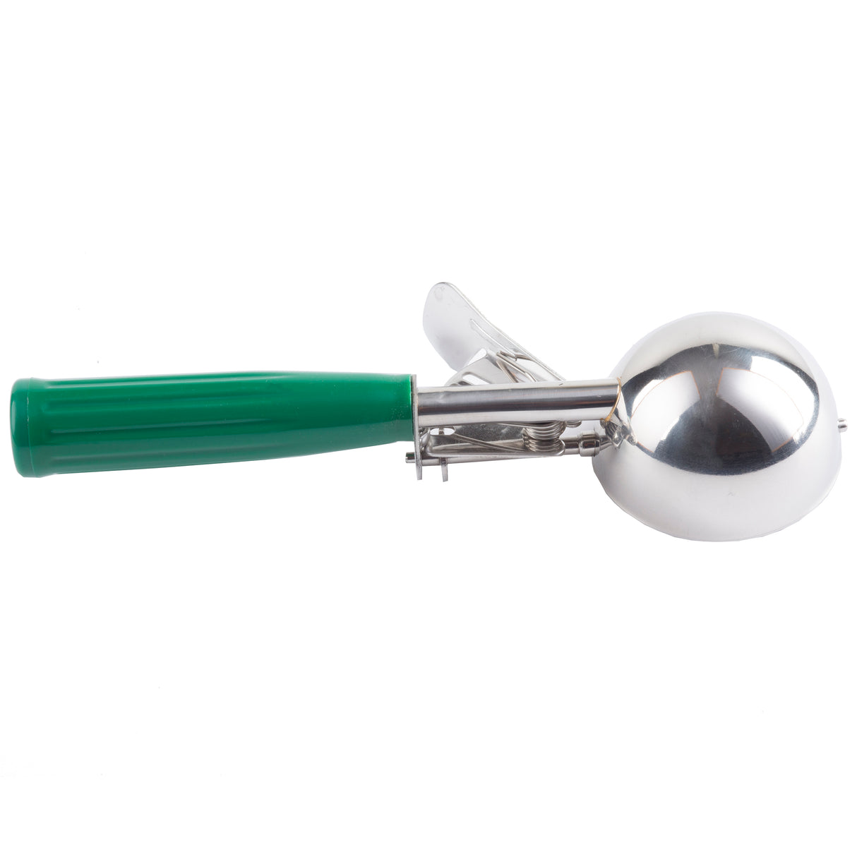 A stainless steel disher with a large round bowl and a bright green plastic handle. The scoop features a trigger mechanism for easy release of ice cream. The image is taken against a plain white background.