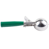 A stainless steel disher with a large round bowl and a bright green plastic handle. The scoop features a trigger mechanism for easy release of ice cream. The image is taken against a plain white background.