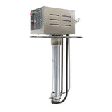 Industrial immersion heater with a metal control box on top, featuring ventilation slots and indicator lights. Similar to Gold Medal Products' oil-dispensing system, it has a cylindrical heating element with a round flange and attached black power cables.