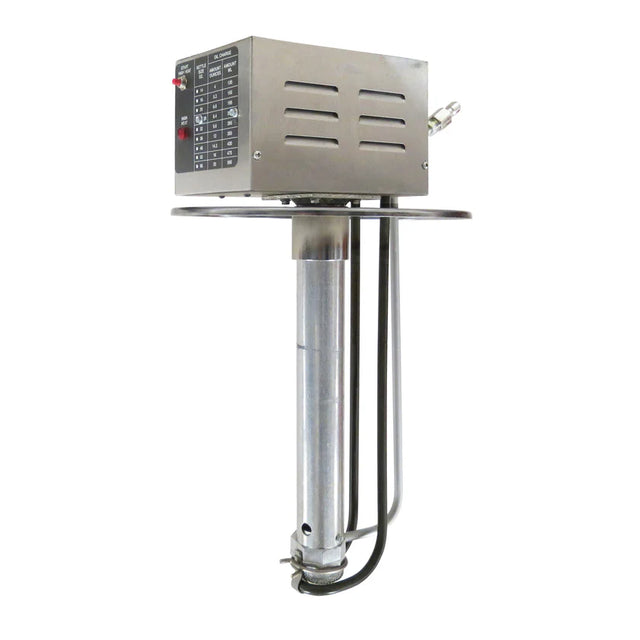 Industrial immersion heater with a metal control box on top, featuring ventilation slots and indicator lights. Similar to Gold Medal Products' oil-dispensing system, it has a cylindrical heating element with a round flange and attached black power cables.