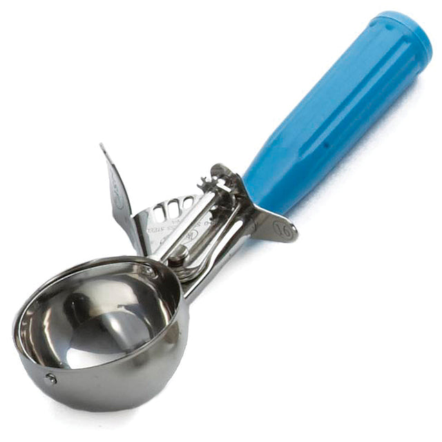 A stainless steel disher with a shiny, round bowl and bright blue plastic handle. This NSF disher features a built-in squeeze lever for easy ice cream release. The utensil is clean and positioned on a white background.