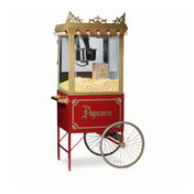 A vintage-style Antique Citation Popper popcorn cart with gold trim, large spoked wheels, a glass display case filled with popcorn, a striped popcorn box inside, and "Popcorn" in ornate gold lettering along the side.