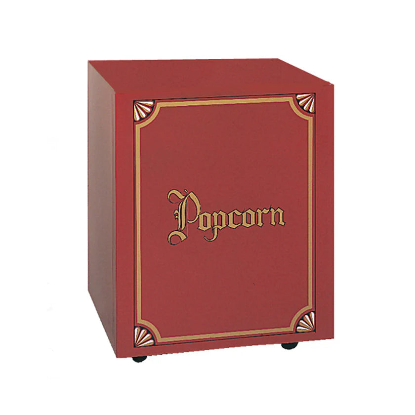 A red, box-shaped Popcorn Machine Cabinet with gold decorative trim and "Popcorn" in ornate gold lettering on the front. Inspired by the Antique Citation Popcorn Machine from Gold Medal Products, it features vintage gold fan corner designs on a white background.