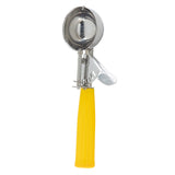 A stainless steel disher with a bright yellow handle and an easy-release trigger, shown upright against a white background. The handle features vertical grooves for grip, making this size 20 disher perfect for serving ice cream with ease.