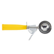 A stainless steel disher with a round bowl and bright yellow ergonomic handle features a squeeze trigger for easy ice cream release. This size 20 disher is perfect for quick serving, making it ideal for any Cash & Carry Disher setup.