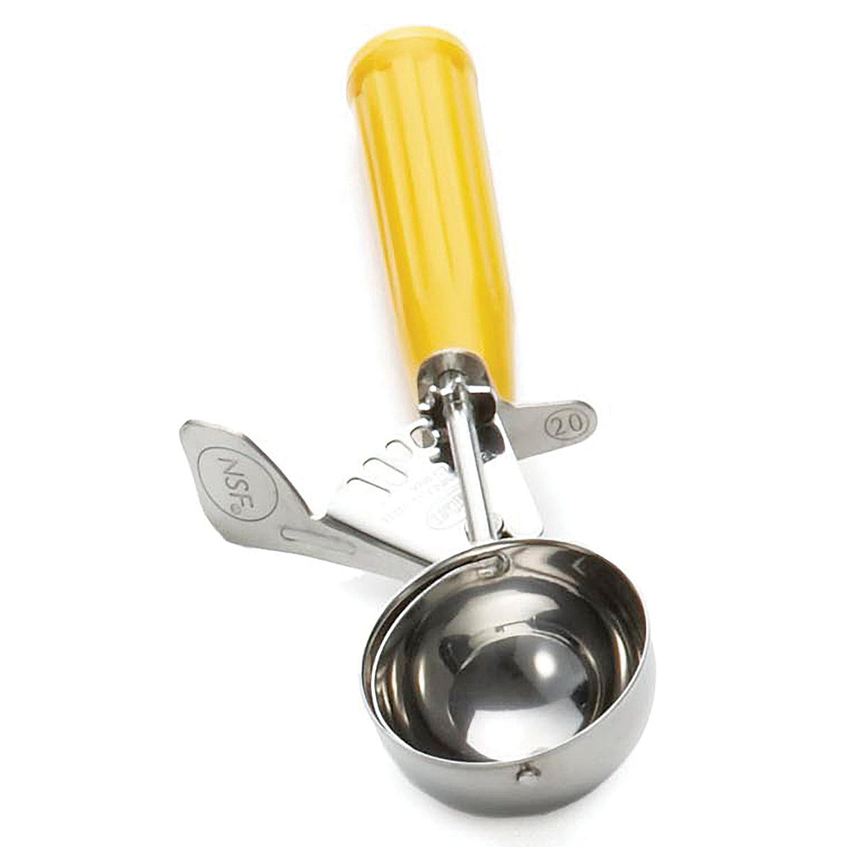 A size 20 disher, this metal ice cream scoop features a deep, round stainless steel bowl and a yellow plastic handle with a trigger release mechanism for easy scooping and serving. The Cash & Carry Disher is both durable and convenient.
