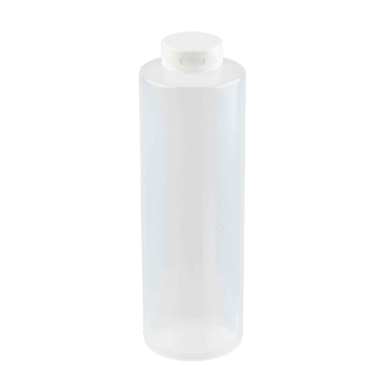 A clear, cylindrical 24 oz squeeze bottle with a white screw-on cap stands upright against a plain white background. The bottle is empty, unlabelled, dishwasher safe, and features smooth sides with a simple, functional design.
