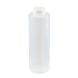 A clear, cylindrical 24 oz squeeze bottle with a white screw-on cap stands upright against a plain white background. The bottle is empty, unlabelled, dishwasher safe, and features smooth sides with a simple, functional design.
