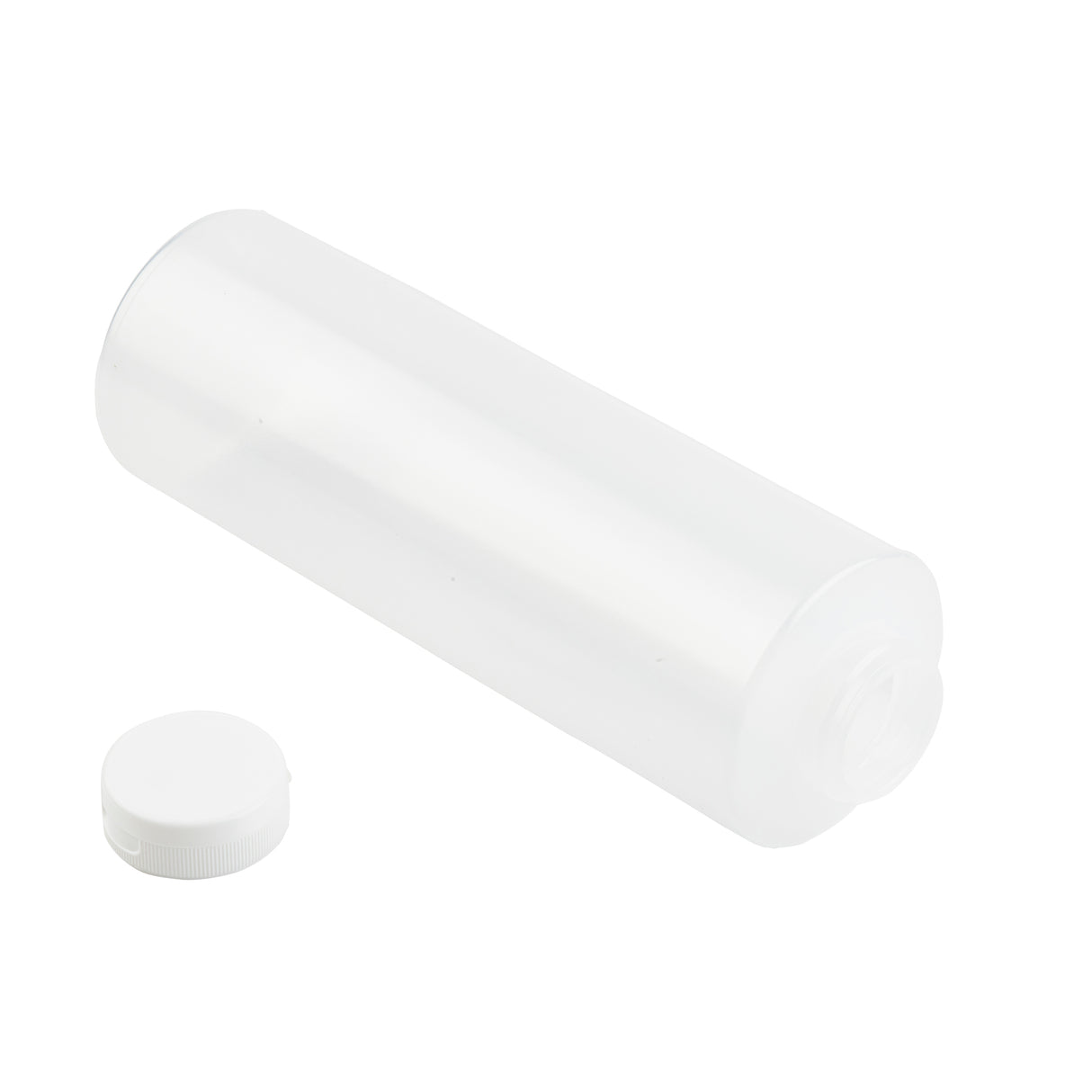 A translucent, cylindrical 24 oz squeeze bottle lies on its side on a white background. The round, white cap is off and placed nearby, showing the open neck facing the viewer. This dishwasher safe bottle appears empty.