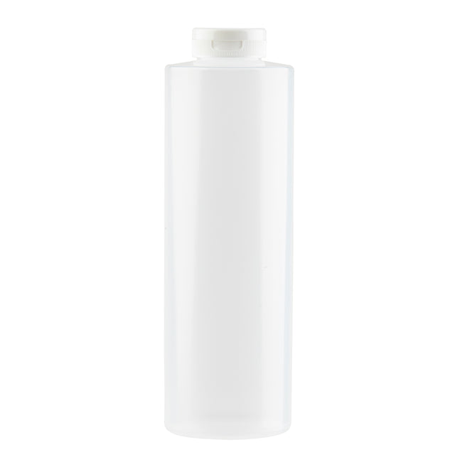 A tall, cylindrical, translucent white plastic 24 oz squeeze bottle with a white flip-top cap is centered against a plain white background. The bottle is empty and unlabelled, featuring smooth sides and a simple, minimalist design.