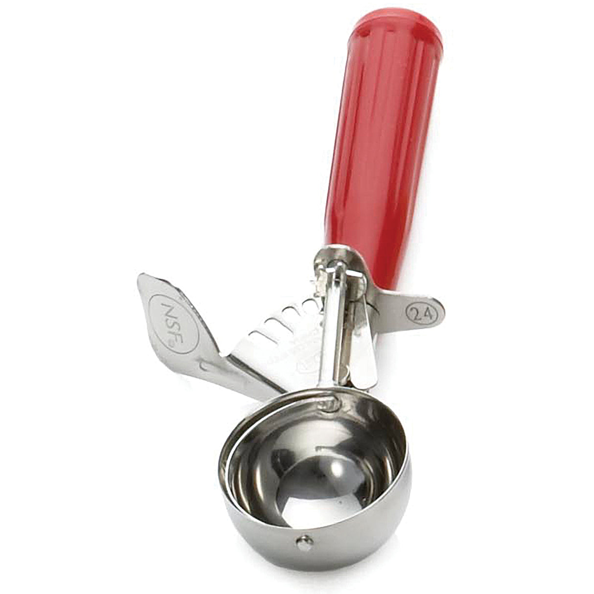 A stainless steel disher ice cream scoop with a round bowl and red handle. It features a mechanical lever for easy release, the number 24 on a small metal tag by the hinge, and meets NSF standards for quality.