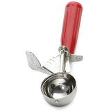 A stainless steel disher ice cream scoop with a round bowl and red handle. It features a mechanical lever for easy release, the number 24 on a small metal tag by the hinge, and meets NSF standards for quality.