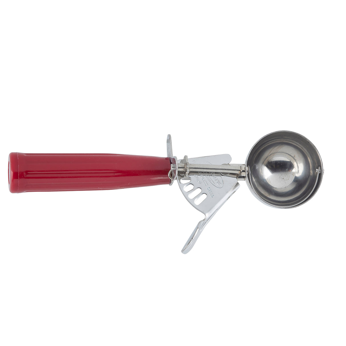 A stainless steel disher with a shiny, round bowl and trigger mechanism, featuring a red plastic handle. This NSF-certified Cash & Carry Disher is shown from above, highlighting its mechanical parts and smooth, reflective surfaces.