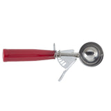 A stainless steel disher with a shiny, round bowl and trigger mechanism, featuring a red plastic handle. This NSF-certified Cash & Carry Disher is shown from above, highlighting its mechanical parts and smooth, reflective surfaces.