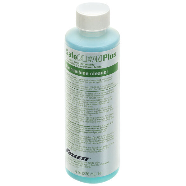 A translucent plastic bottle of blue SafeCLEAN Plus ice machine cleaner with a white cap. The label is mostly white with green and black text detailing product information and instructions for this environmentally responsible 8 oz (236 mL) bottle. Brand: Follett.