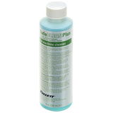 A translucent plastic bottle of blue SafeCLEAN Plus ice machine cleaner with a white cap. The label is mostly white with green and black text detailing product information and instructions for this environmentally responsible 8 oz (236 mL) bottle. Brand: Follett.
