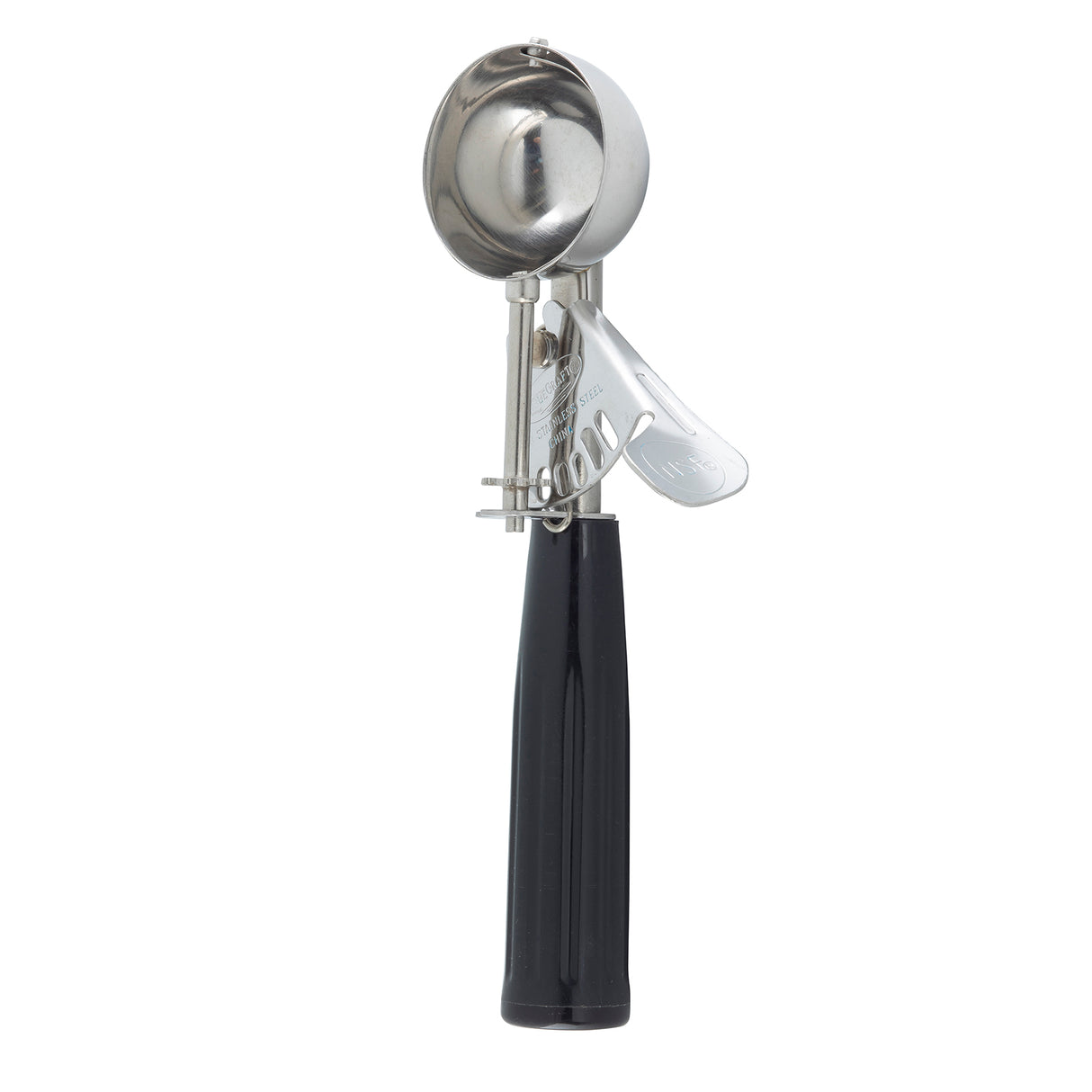 A Cash & Carry Disher, this stainless steel disher features a spring-loaded lever and a black, ridged handle. The shiny, round scoop—size 30—offers easy ice cream release, with the upright handle centered against a white background.