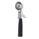 A Cash & Carry Disher, this stainless steel disher features a spring-loaded lever and a black, ridged handle. The shiny, round scoop—size 30—offers easy ice cream release, with the upright handle centered against a white background.