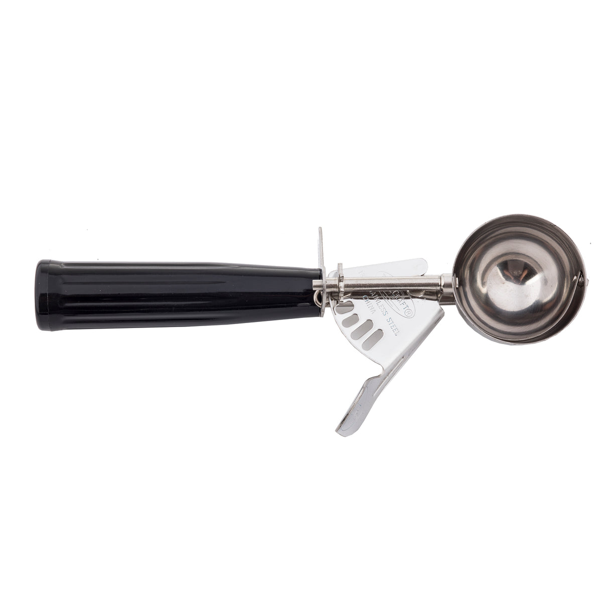 A stainless steel Cash & Carry Disher, size 30, with a round bowl and black handle is shown. The scoop features a built-in lever for easy release, operated by a thumb trigger. A metal strip inside the bowl is visible. The background is white.
