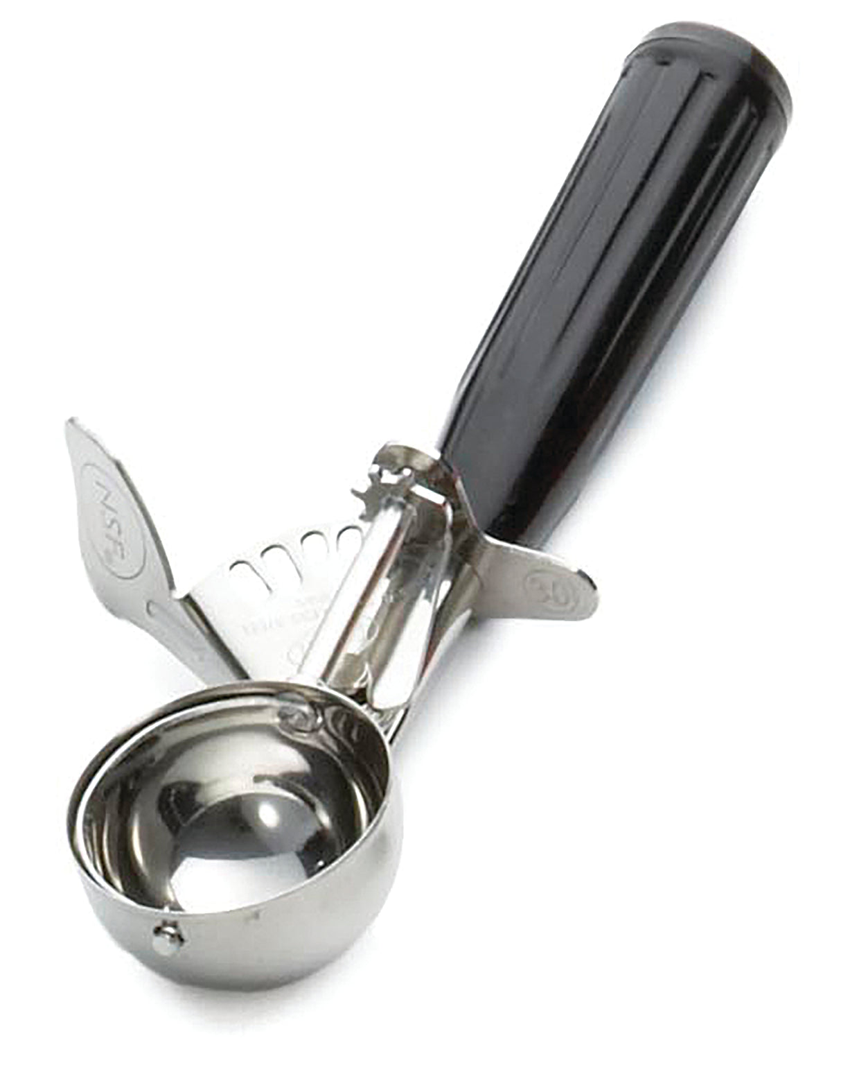 A stainless steel disher, size 30, with a shiny round bowl and black ergonomic handle rests on a white background. The trigger arm sweeps inside the bowl to easily release ice cream—perfect for Cash & Carry Disher needs.