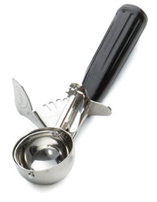 A stainless steel disher, size 30, with a shiny round bowl and black ergonomic handle rests on a white background. The trigger arm sweeps inside the bowl to easily release ice cream—perfect for Cash & Carry Disher needs.