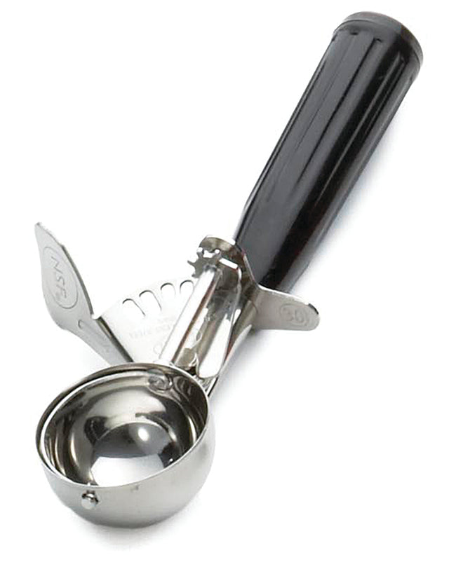 A stainless steel disher, size 30, with a shiny round bowl and black ergonomic handle rests on a white background. The trigger arm sweeps inside the bowl to easily release ice cream—perfect for Cash & Carry Disher needs.