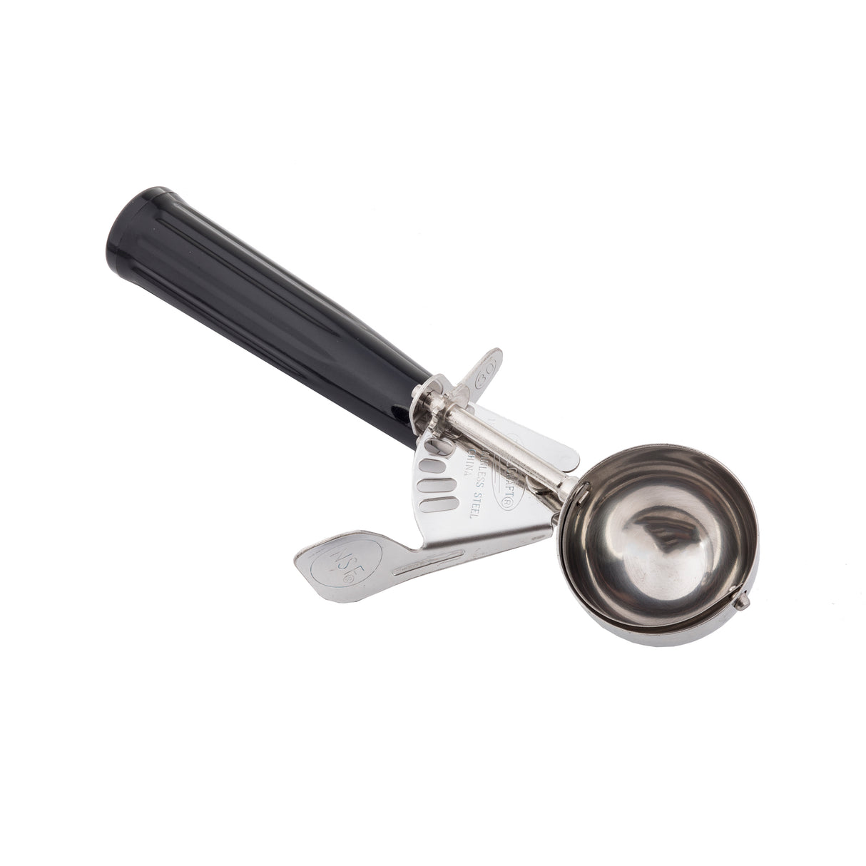 A stainless steel disher, size 30, with a black handle. This Cash & Carry Disher features a trigger mechanism with a metal lever and gear for easy release. The angled handle and forward-facing bowl make scooping ice cream effortless.