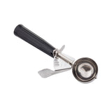 A stainless steel disher, size 30, with a black handle. This Cash & Carry Disher features a trigger mechanism with a metal lever and gear for easy release. The angled handle and forward-facing bowl make scooping ice cream effortless.