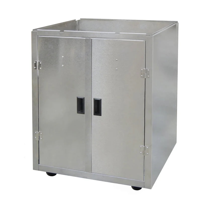 A Gold Medal Products stainless steel Popcorn Machine Cabinet featuring two hinged doors, black rectangular handles, and small black feet. The boxy cabinet has a flat top with a raised edge and a smooth, reflective surface.