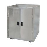 A Gold Medal Products stainless steel Popcorn Machine Cabinet featuring two hinged doors, black rectangular handles, and small black feet. The boxy cabinet has a flat top with a raised edge and a smooth, reflective surface.