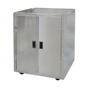 A Gold Medal Products stainless steel Popcorn Machine Cabinet featuring two hinged doors, black rectangular handles, and small black feet. The boxy cabinet has a flat top with a raised edge and a smooth, reflective surface.