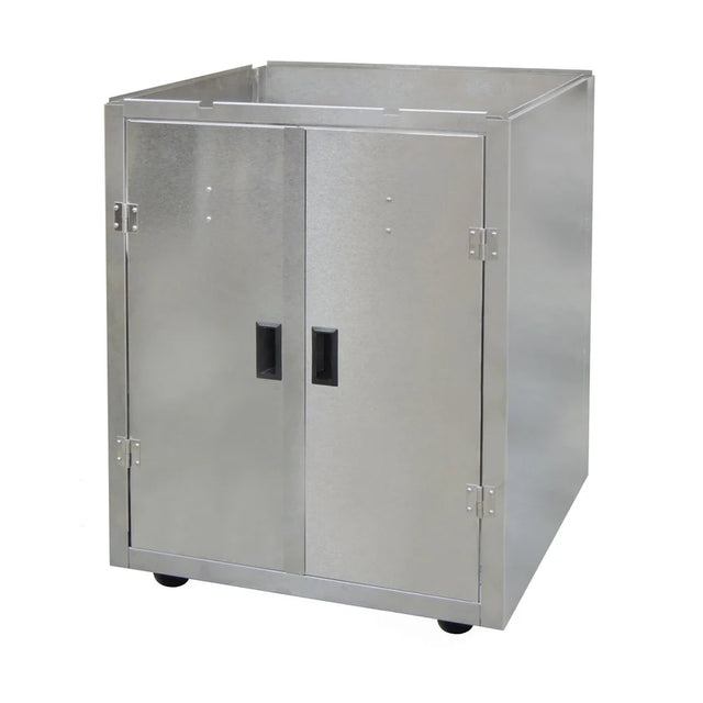 A Gold Medal Products stainless steel Popcorn Machine Cabinet featuring two hinged doors, black rectangular handles, and small black feet. The boxy cabinet has a flat top with a raised edge and a smooth, reflective surface.